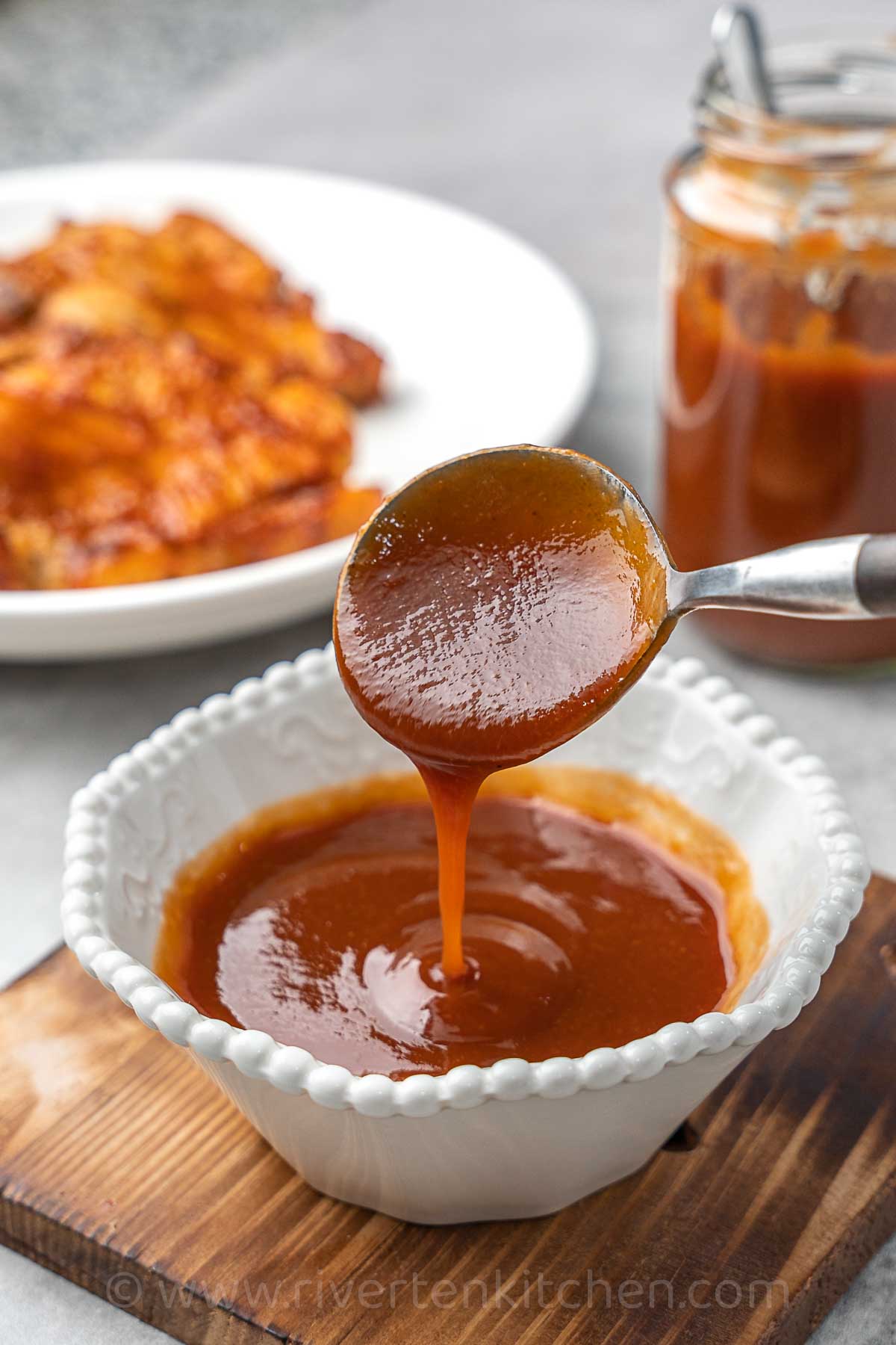 Barbecue sauce with pineapple juice in a small bowl.
