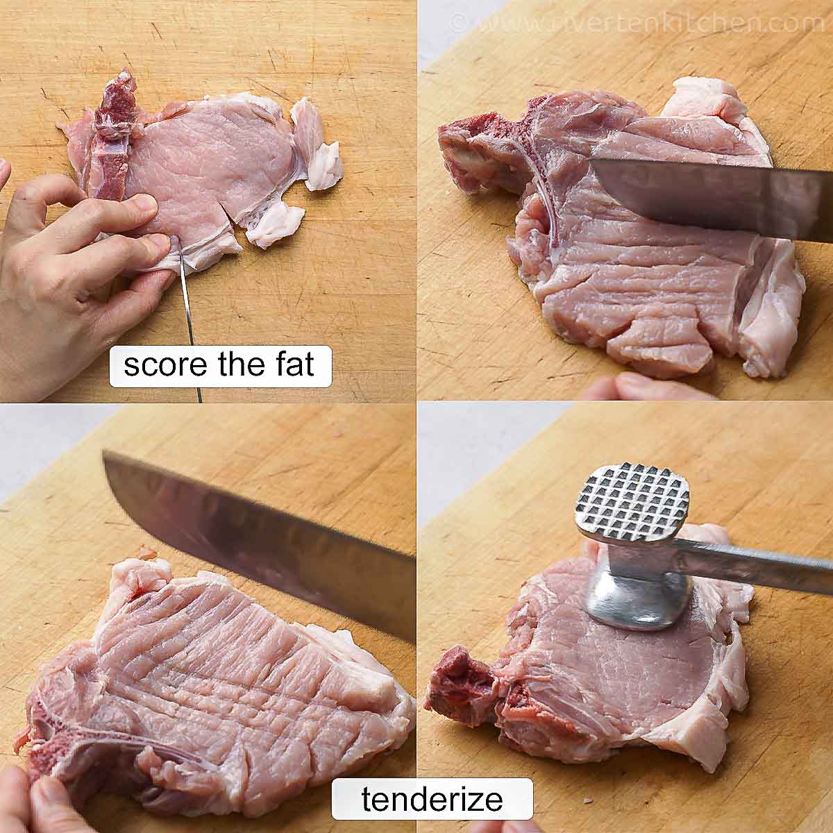 steps on how to prevent pork chops from curling and steps on how to tenderize pork chops with a mallet.