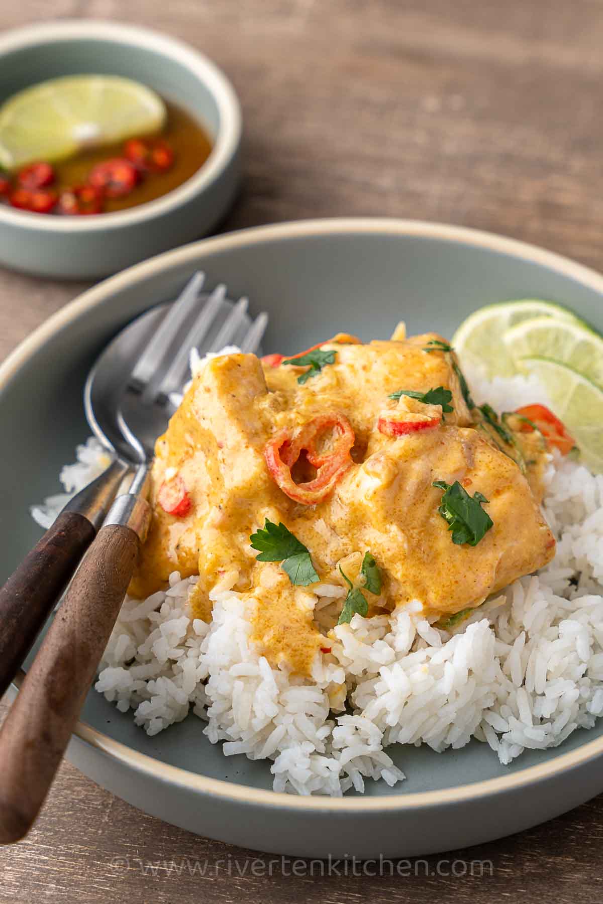 Salmon Mango curry served with white rice.