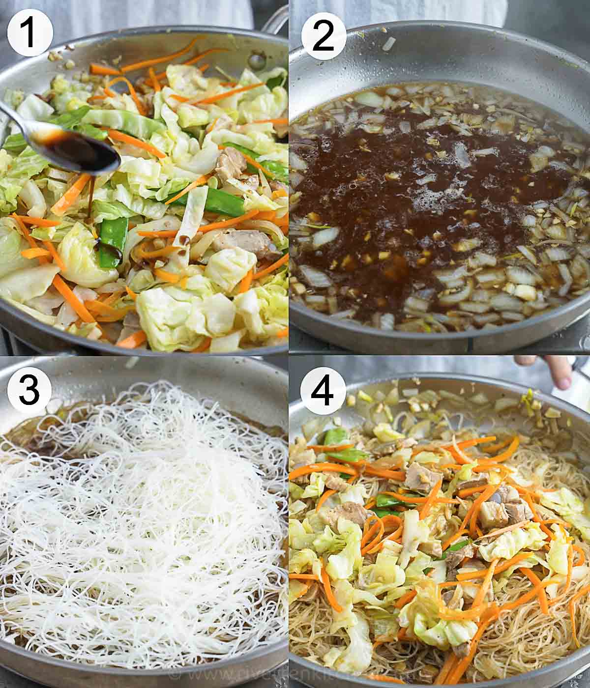 steps on how to cook Filipino pancit bihon or rice noodles.