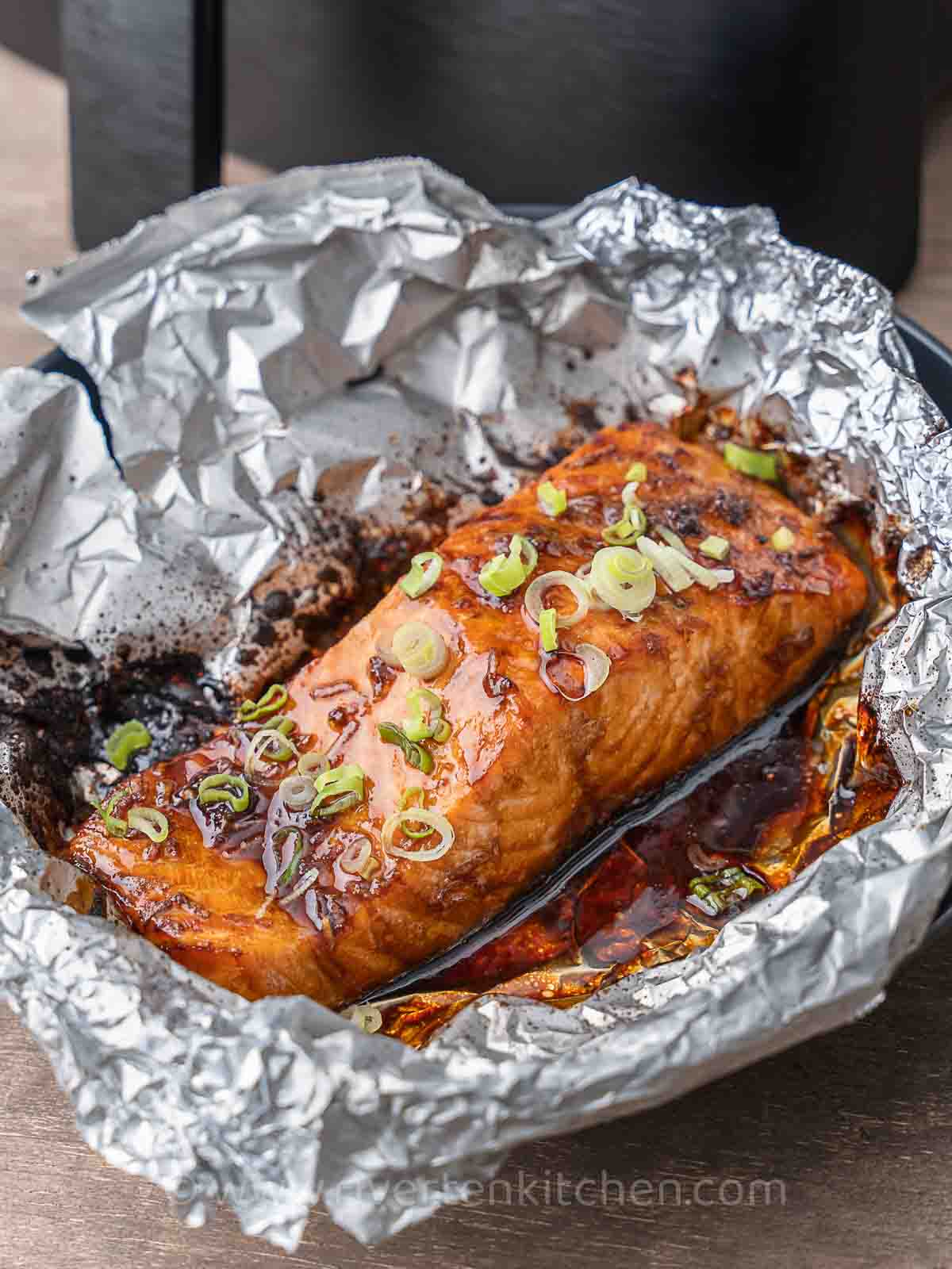 salmon teriyaki in foil cooked in an air-fryer or oven.