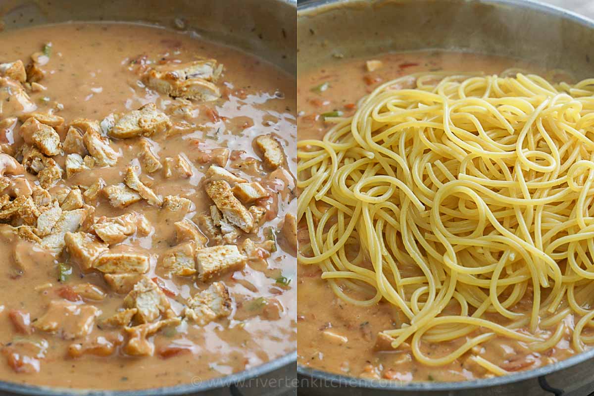 chicken spaghetti in a pan with cooked spaghetti pasta.