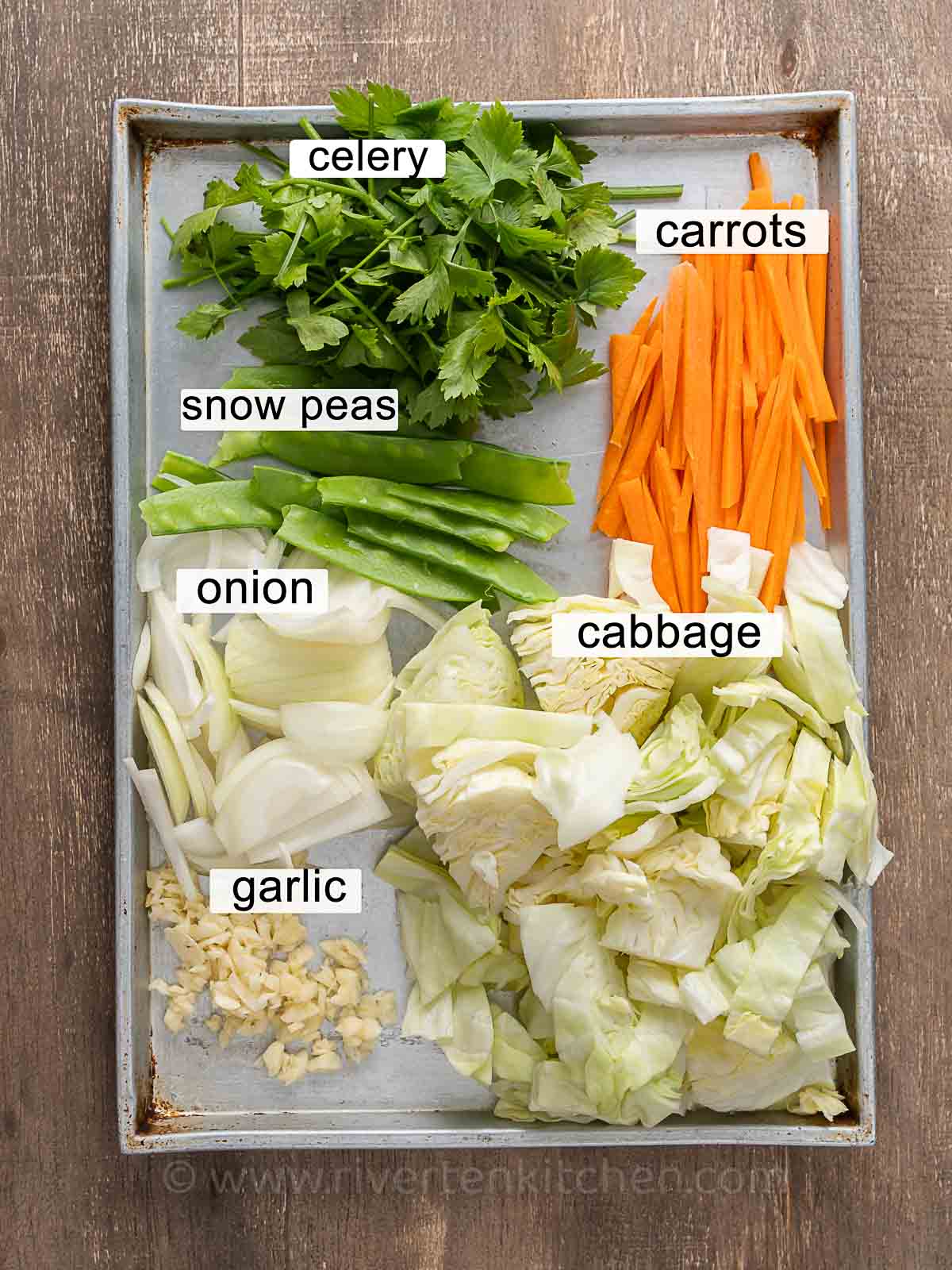 Cabbage, celery, carrots, garlic, onion and snow peas.