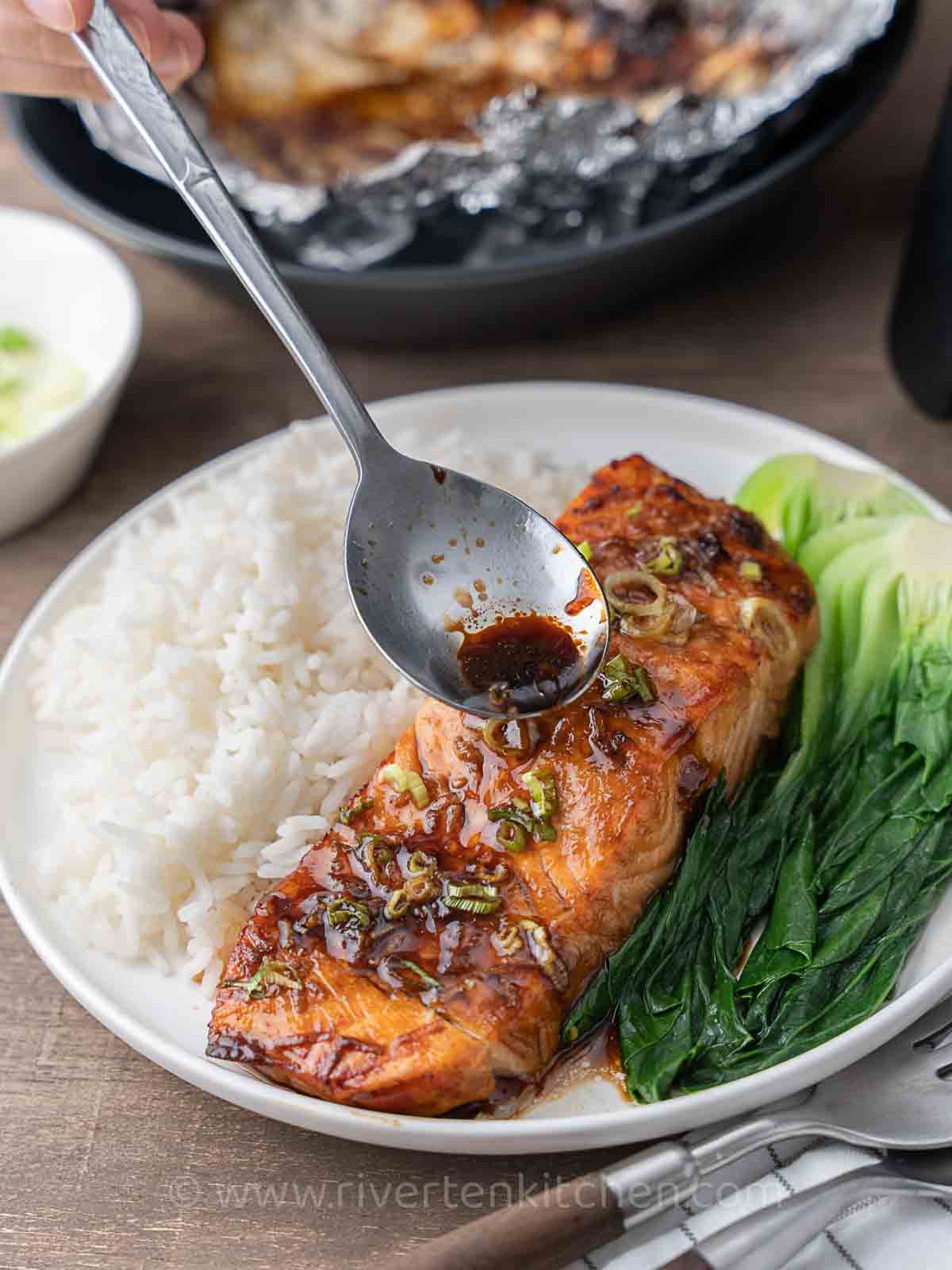 salmon teriyaki recipe served with rice and bok choy.