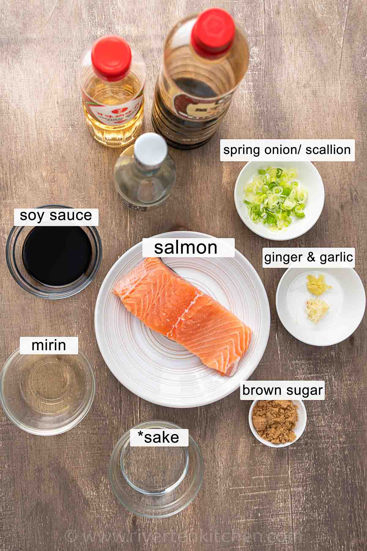 teriyaki salmon ingredients - soy sauce, mirin, sake, brown sugar, ginger, and garlic.