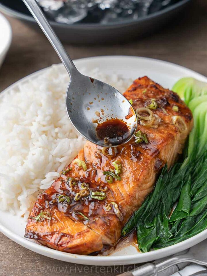salmon teriyaki with rice and bok choy.
