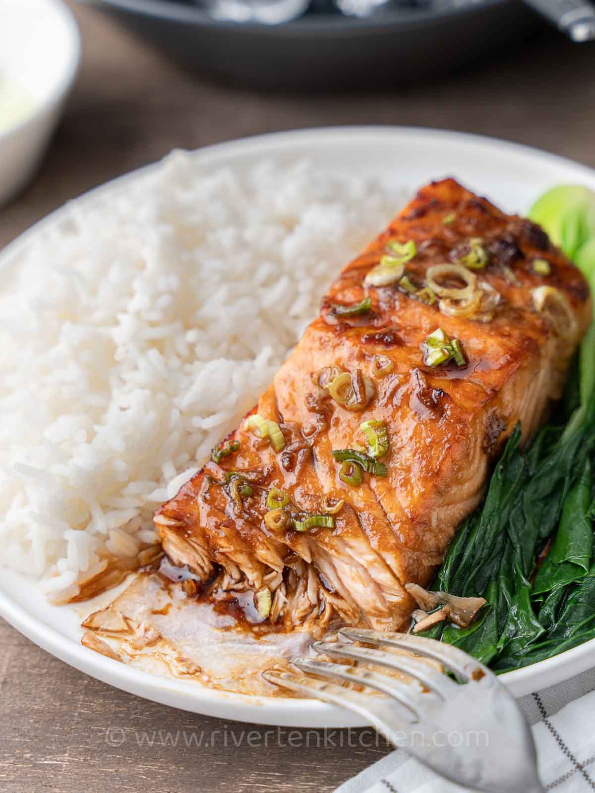 cooked teriyaki salmon on a plate with rice and bok choy.