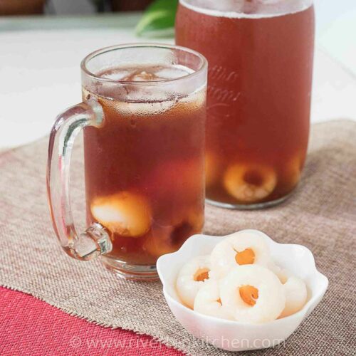 Iced Tea made with tea bags and lychee fruit in a glass.