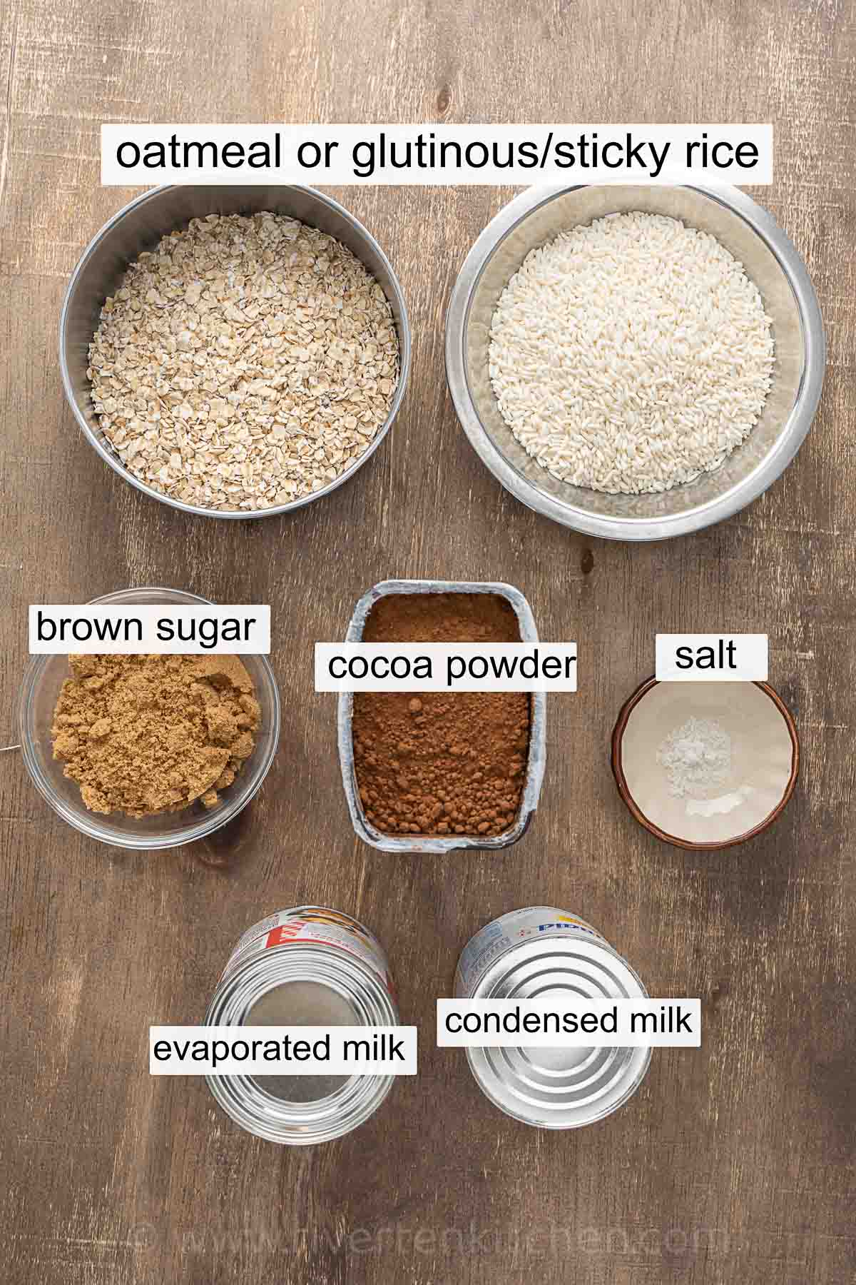 sticky rice, oatmeal, brown sugar, cocoa powder, salt, evaporated milk, and condensed milk.