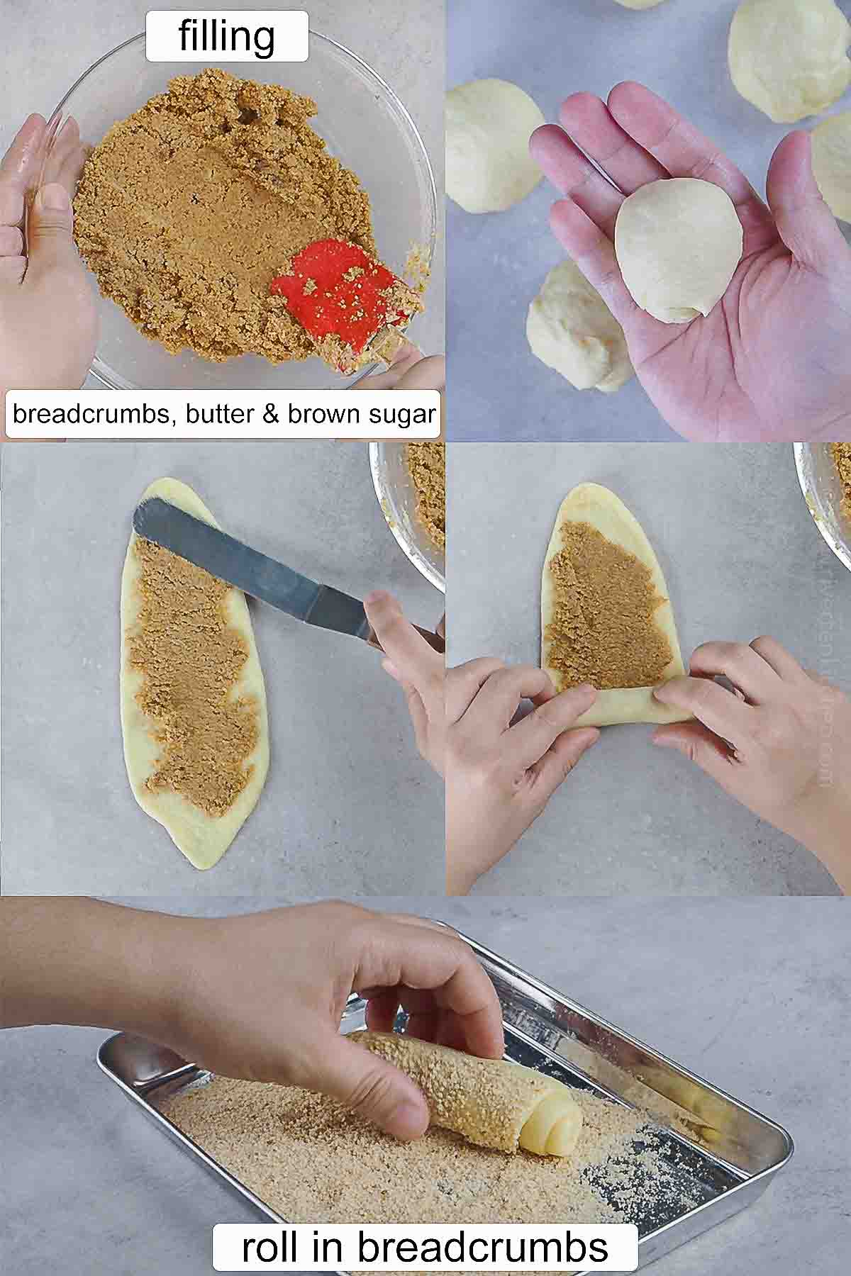 process on how to fill Spanish bread dough with brown sugar, breadcrumbs and butter.