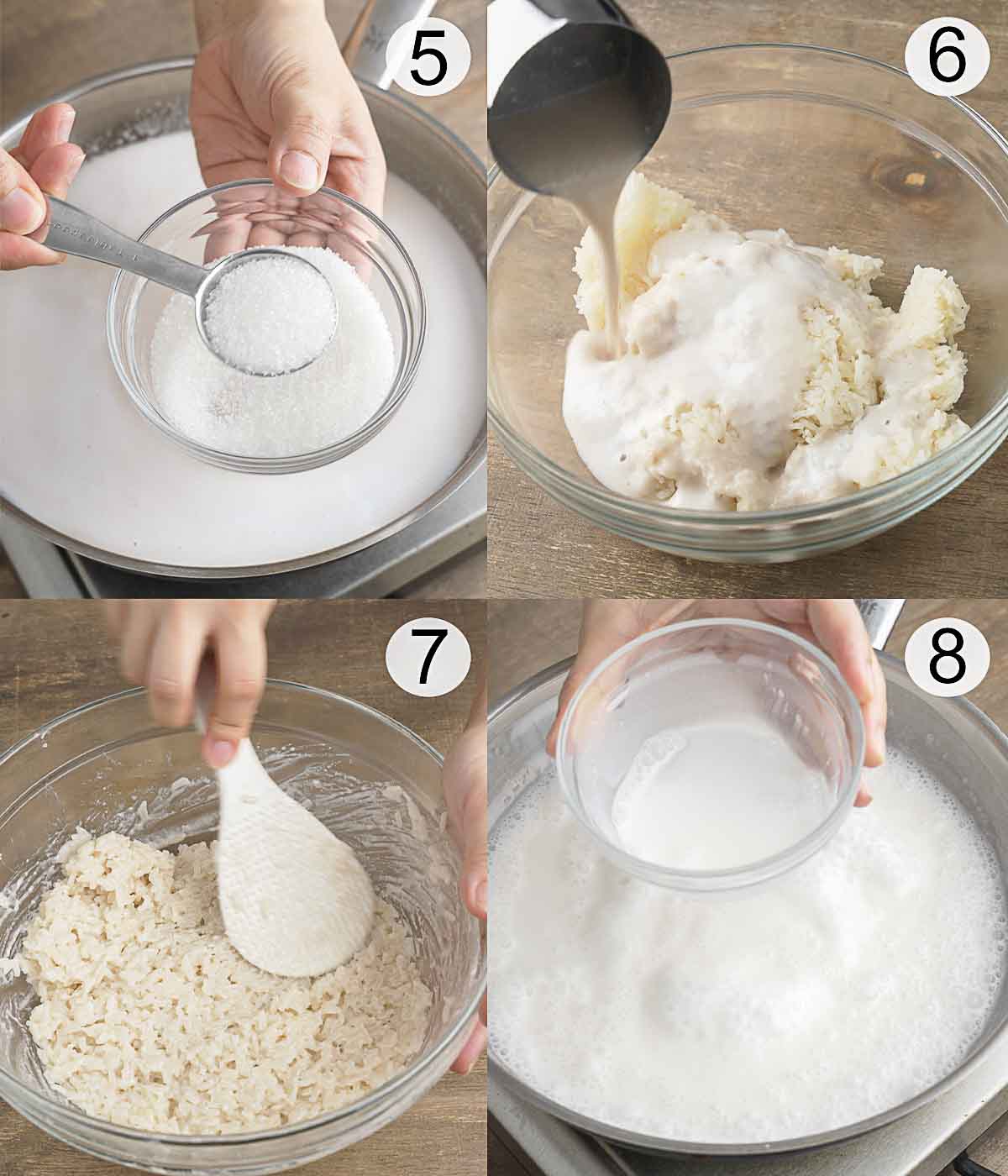 step-by-step process on how to make sticky rice and coconut sauce.