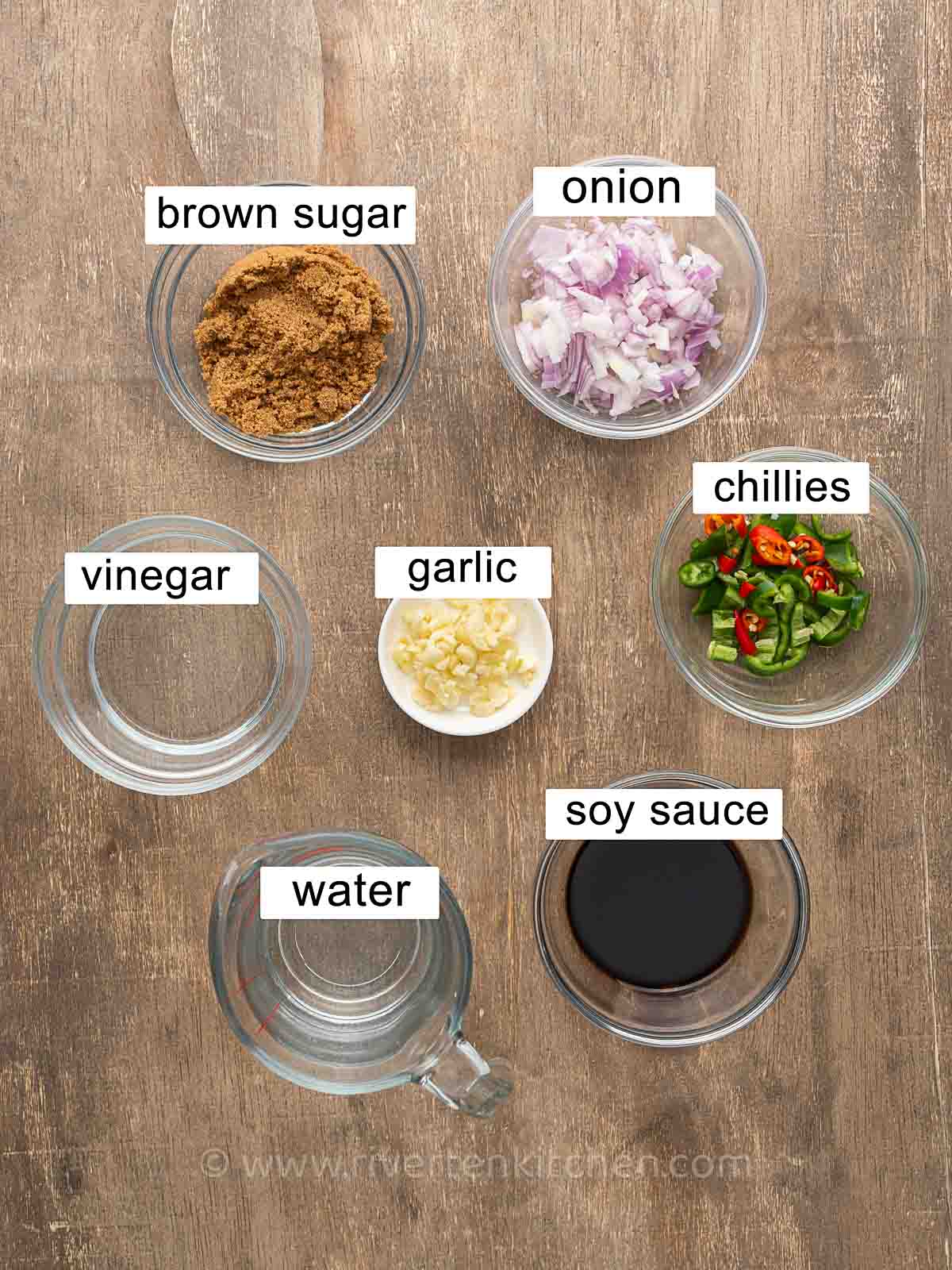 brown sugar, onion, garlic, soy sauce, vinegar, chillies, water