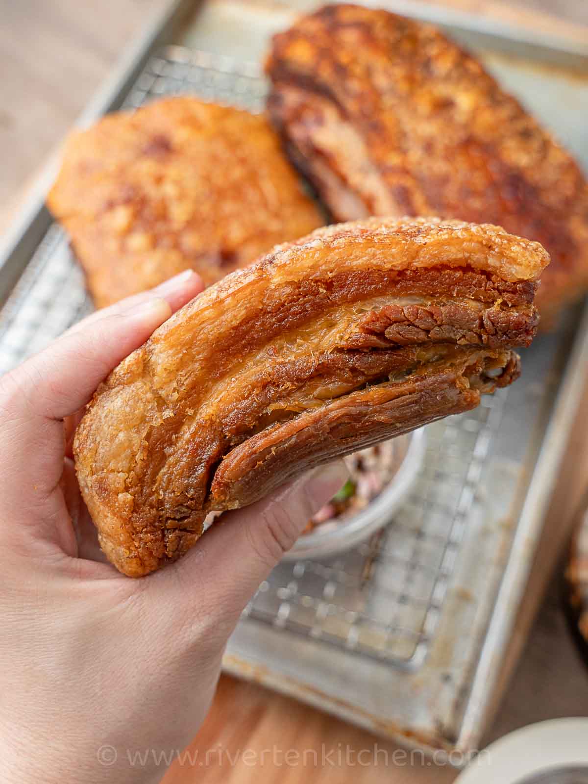 a slab of crispy pork belly deep fried or cook in the oven.