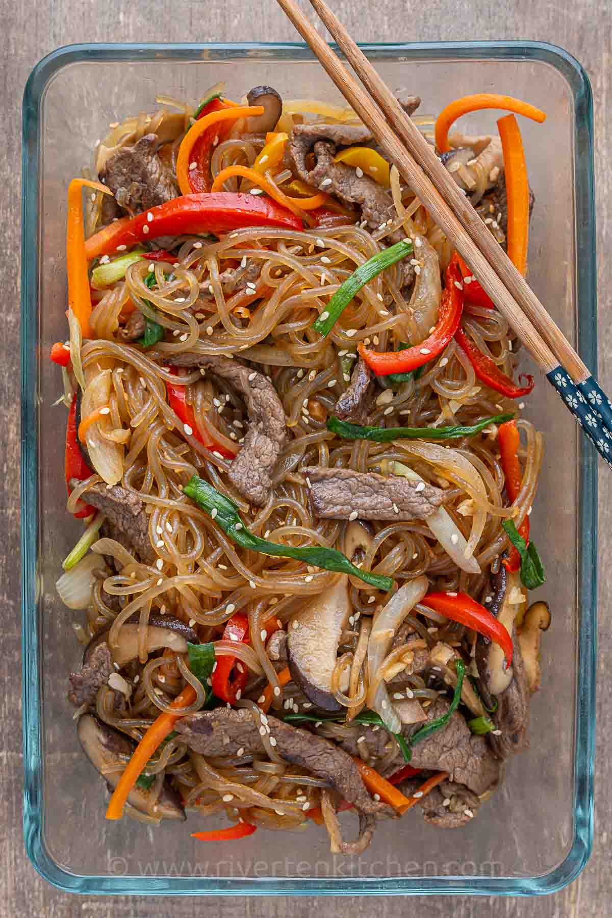 Japchae Korean noodles with beef and vegetables.