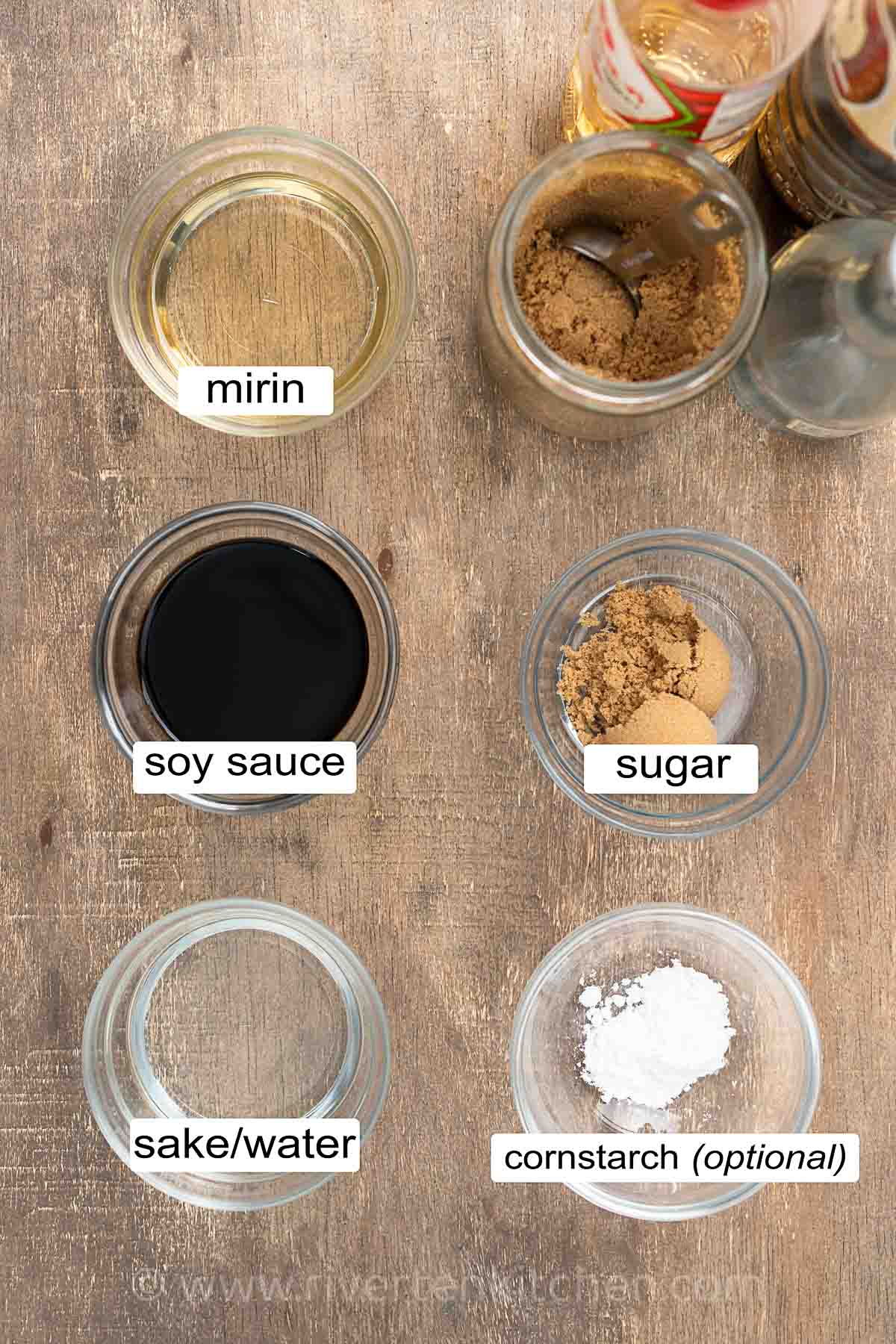 soy sauce, sake or water, brown sugar, mirin and optional cornstarch.