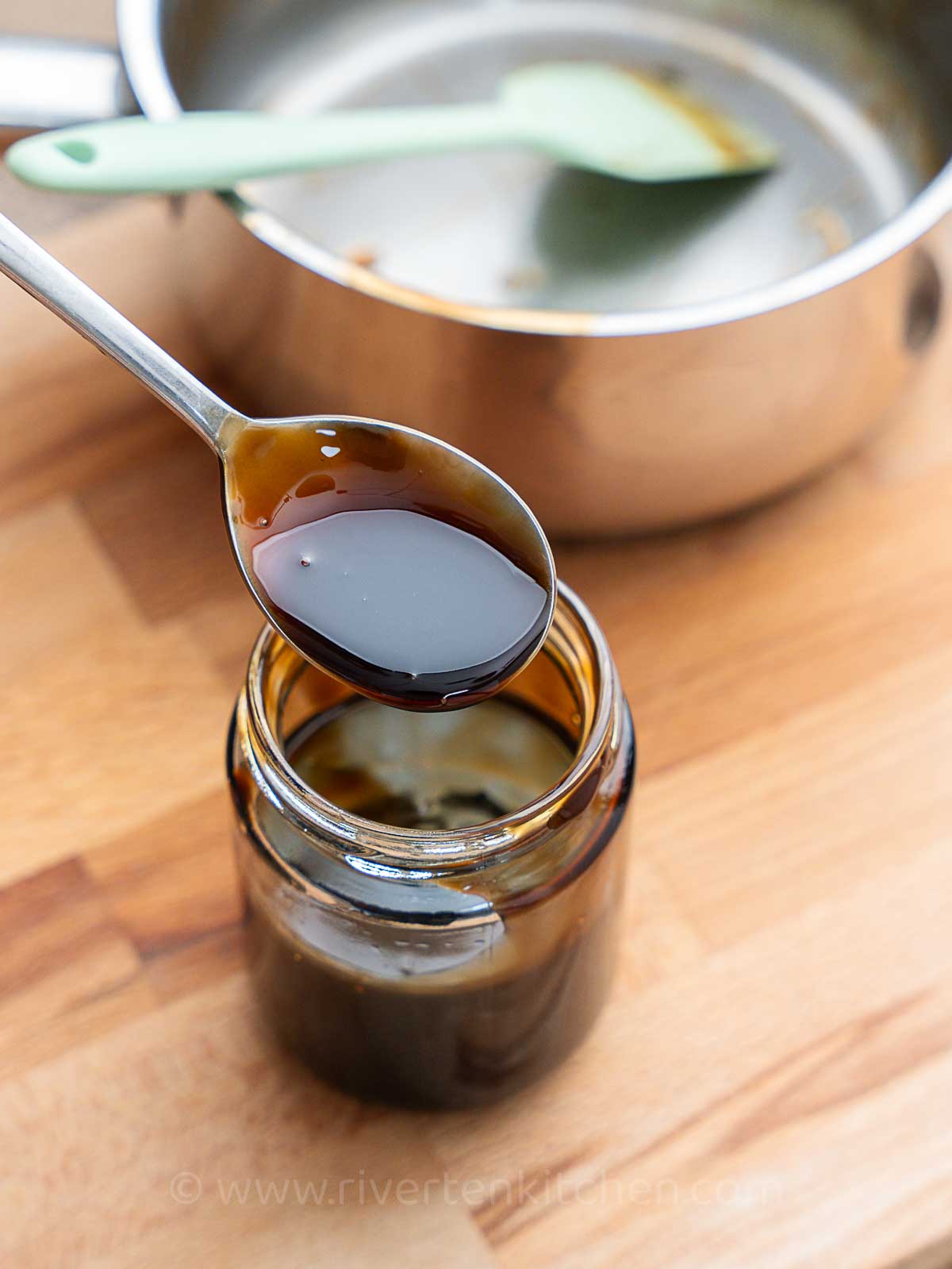 Storing teriyaki sauce in a jar.