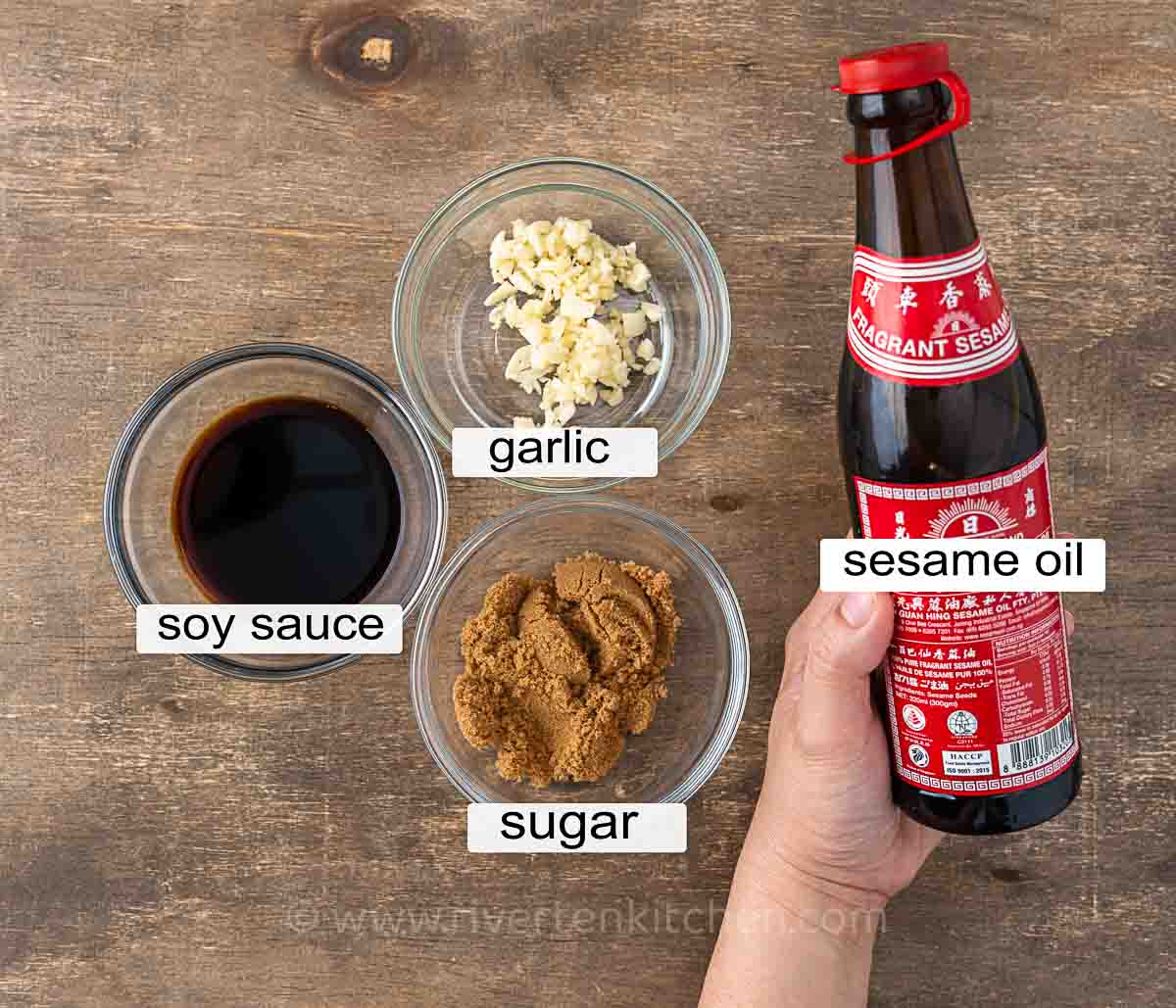 Japchae sauce ingredients: soy sauce, brown sugar, garlic and sesame oil.