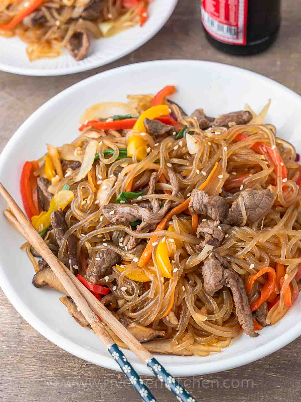 Korean noodles with beef and vegetables.