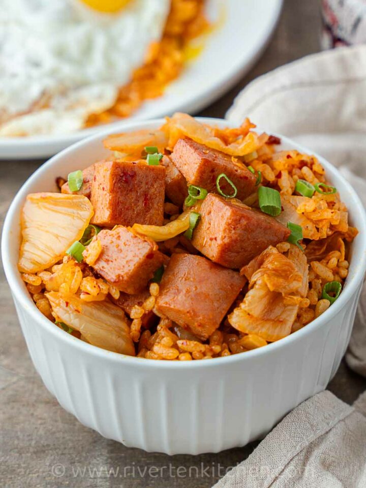Korean kimchi fried rice with luncheon meat.