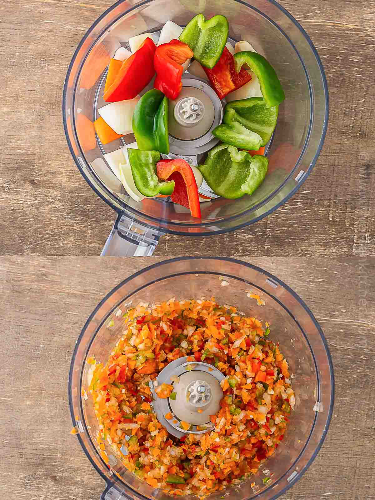 carrots, bell pepper, onion and garlic chopped in a food processor.