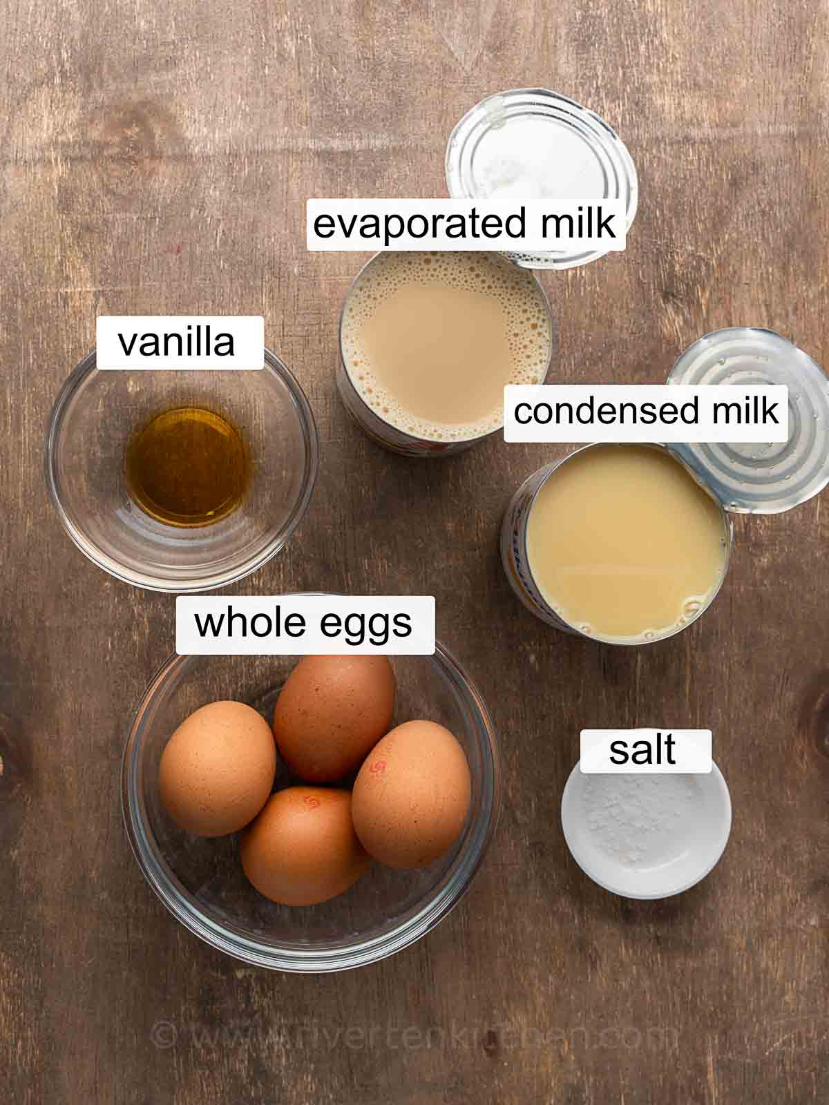 whole eggs, evaporated milk, condensed milk, vanilla and salt.