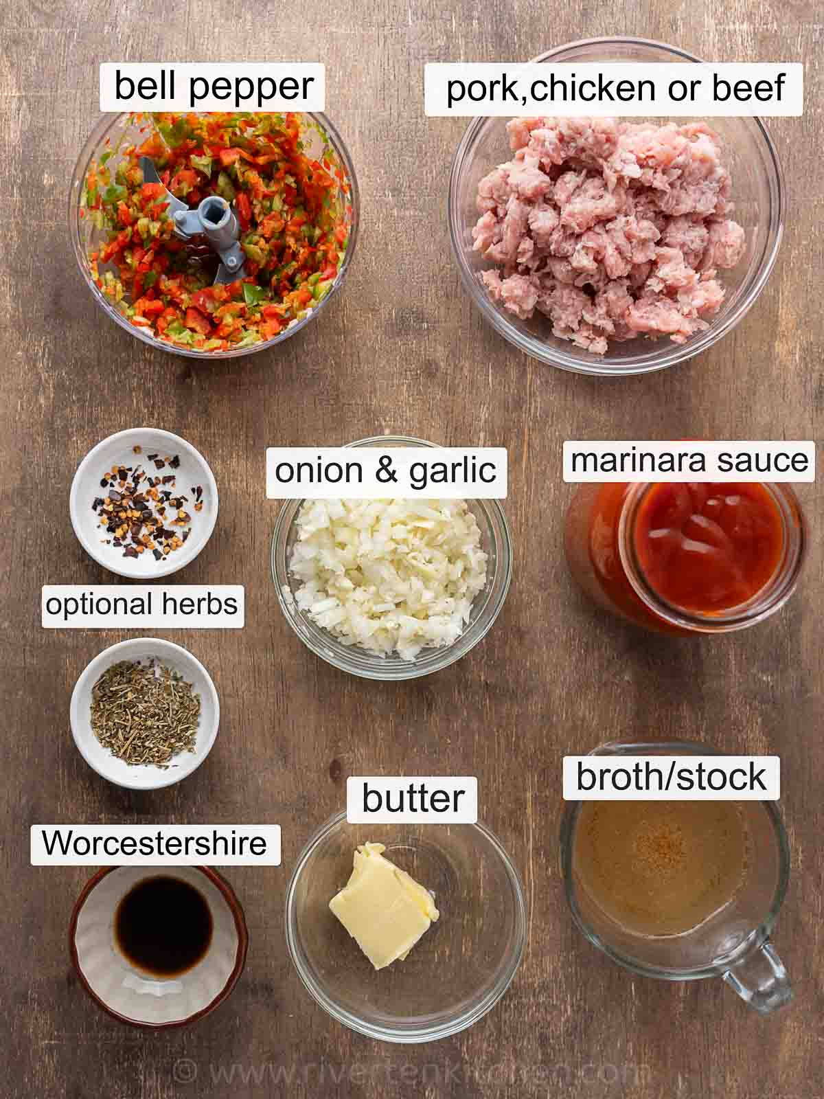 ground beef, pork or chicken, bell peppers, butter, onion, garlic, Worcestershire, broth, marinara sauce, Italian seasoning herbs.