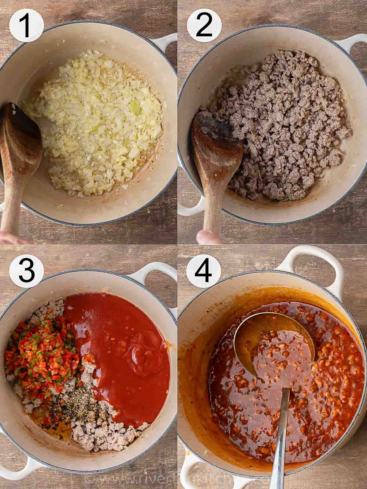 step-by-step process on how to make sauce for baked spaghetti.