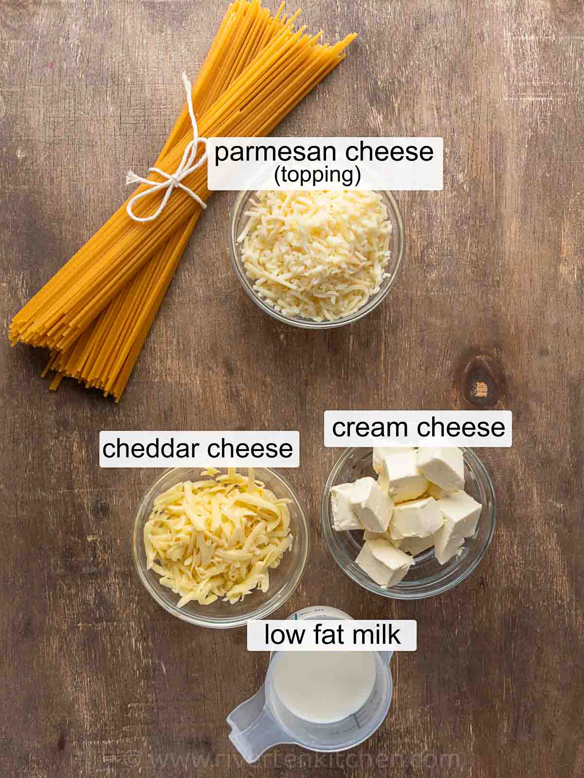 cream cheese sauce with milk, processed cheddar cheese and grated mozzarella.