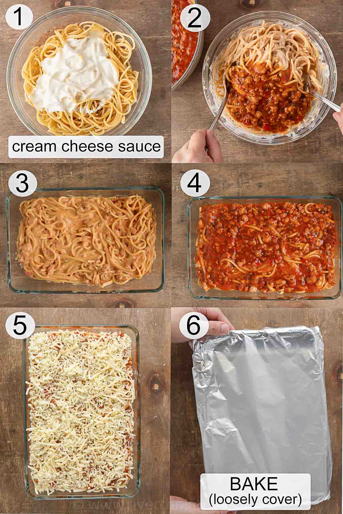 step-by-step process on how to make oven baked spaghetti with cream cheese.