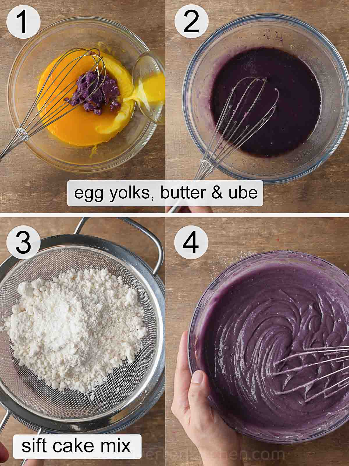 step-by-step process on how to make ube cake using cake mix.