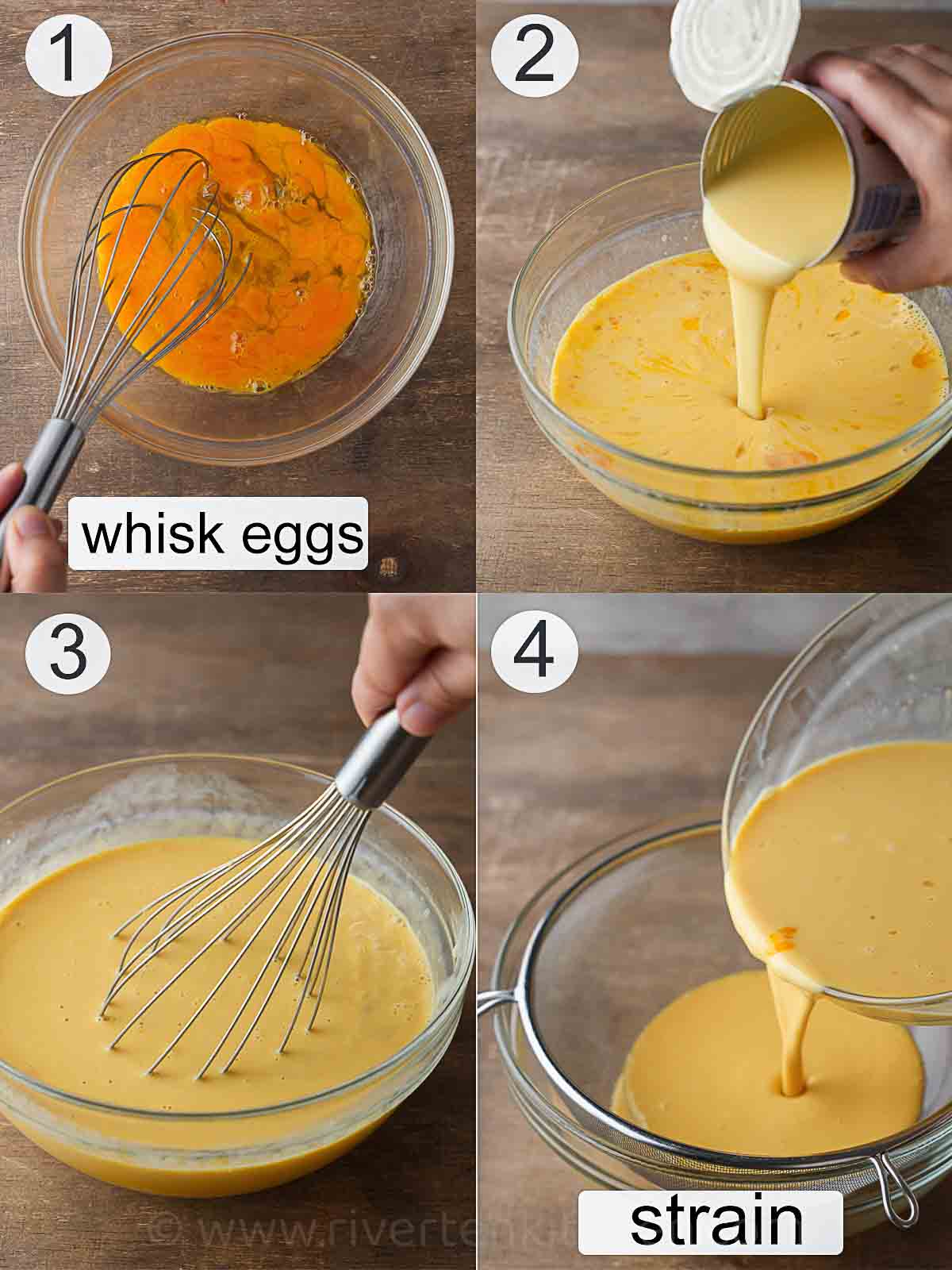 step-by-step process on how to make leche flan using whole eggs.