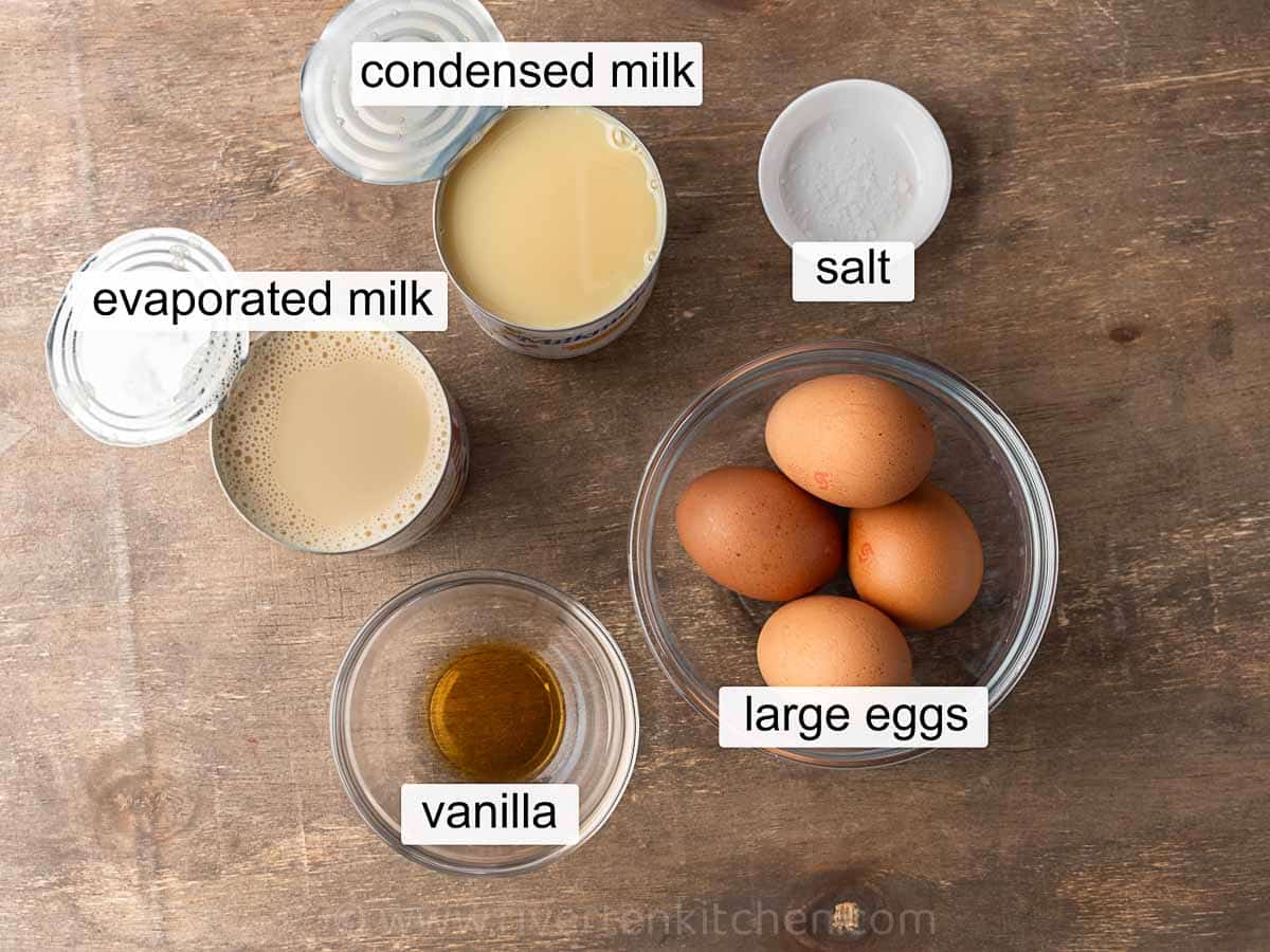 condensed milk, evaporated milk, vanilla, large eggs, and salt.