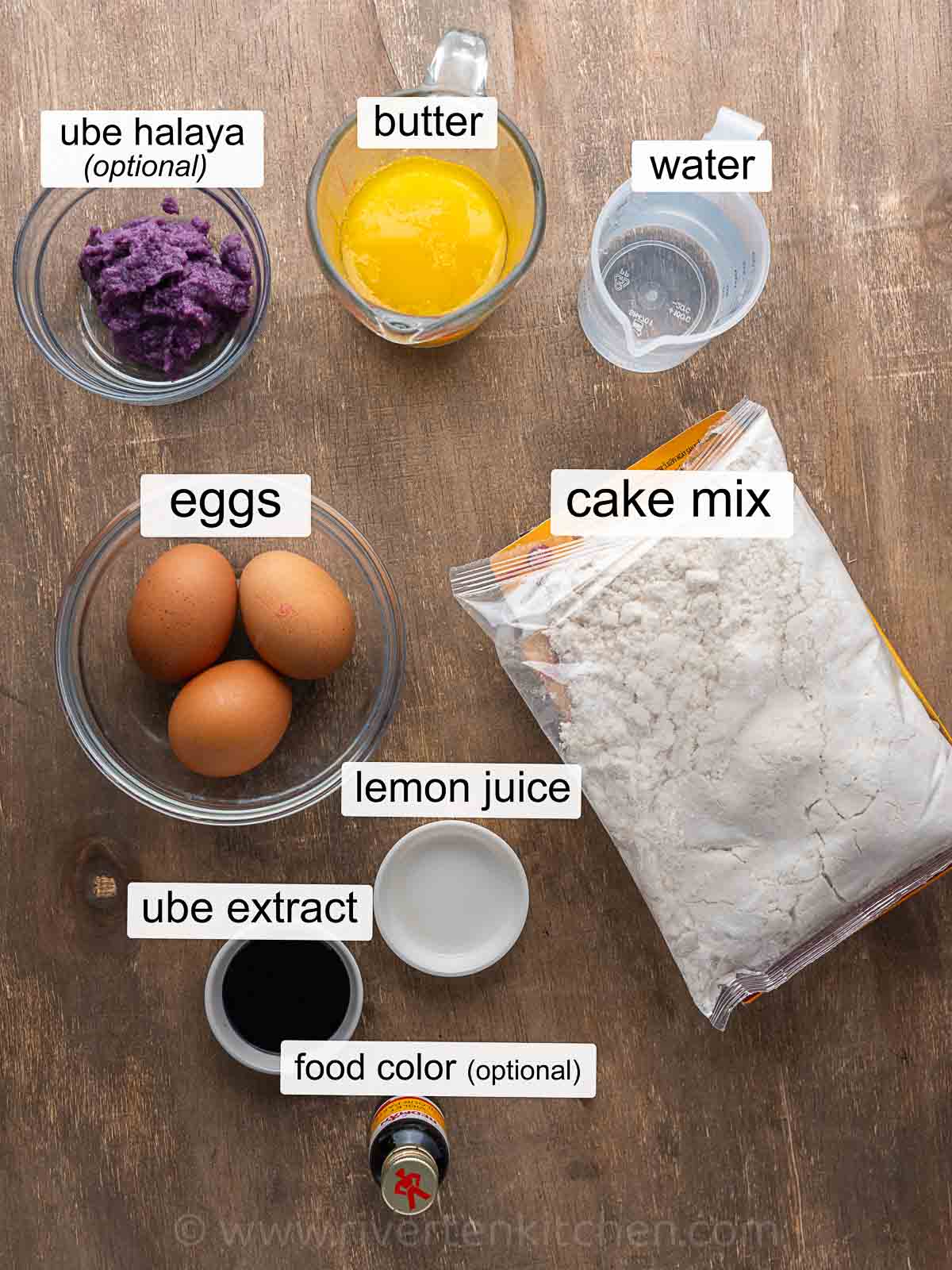 ube halaya, cake mix, large eggs, butter, water, ube extract, lemon juice and optional purple color.