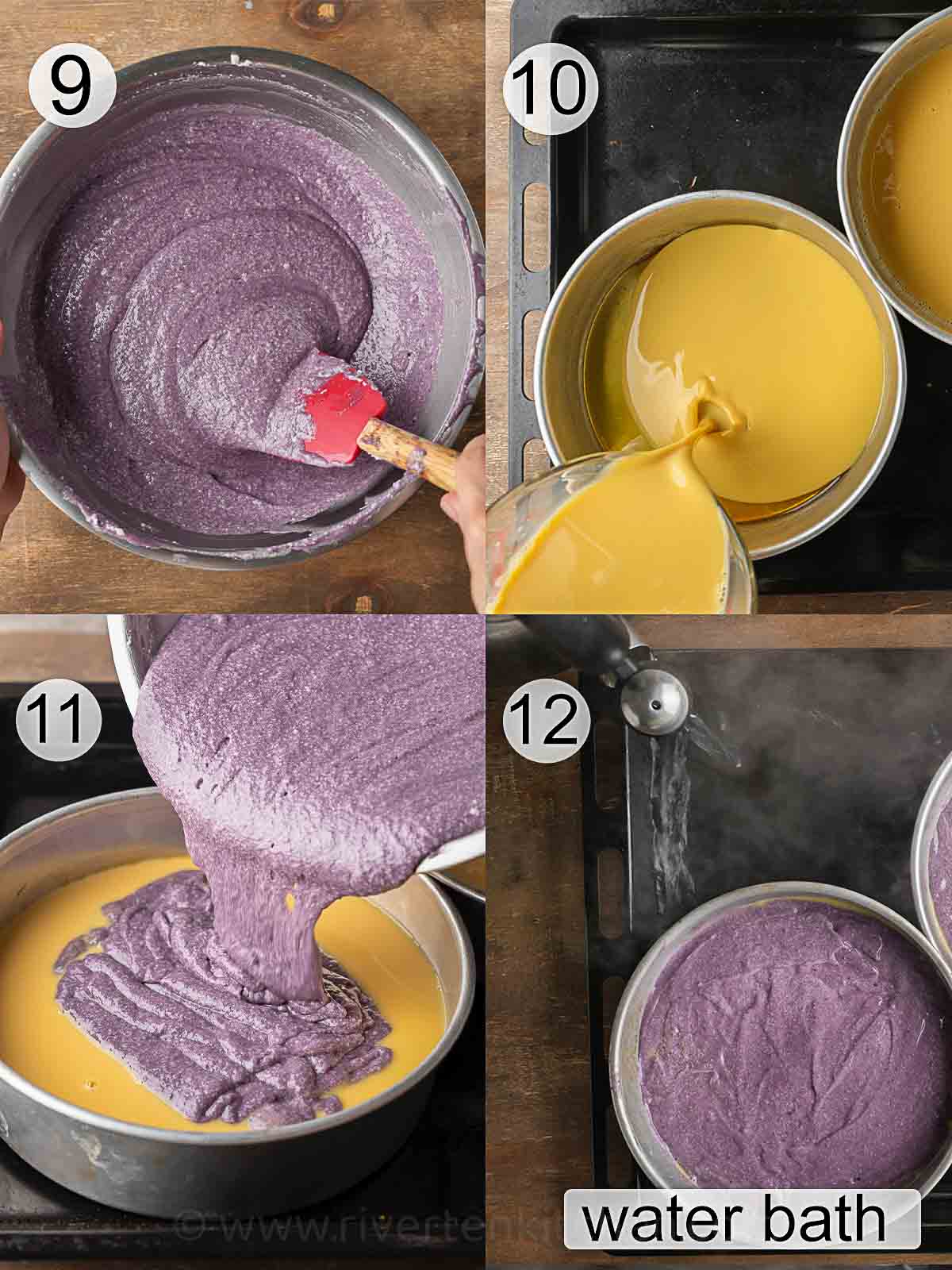 step-by-step process on how to make ube flan cake and prepare water bath.