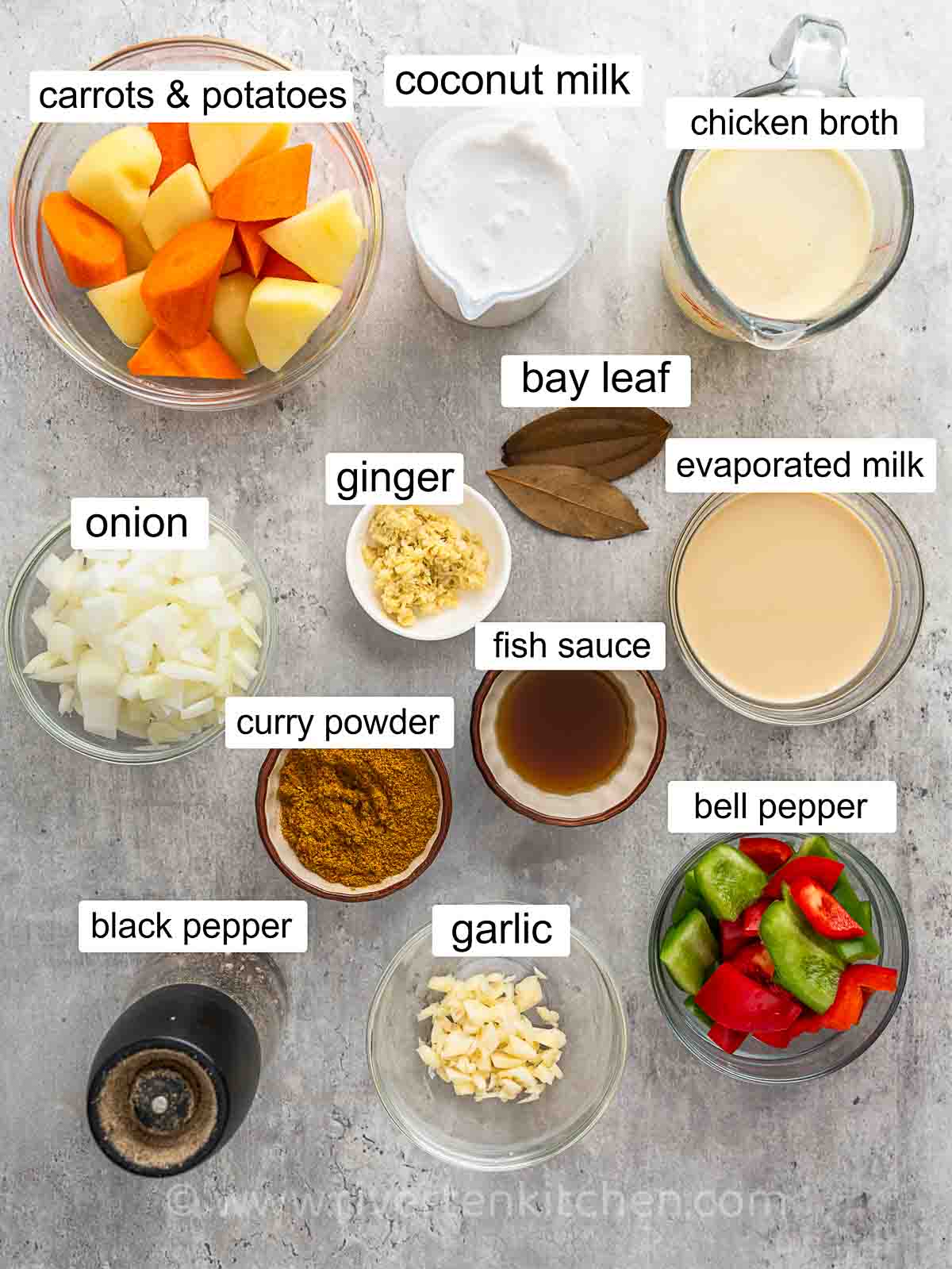 curry powder, coconut milk, evaporated milk, onion, ginger, garlic and bell pepper.