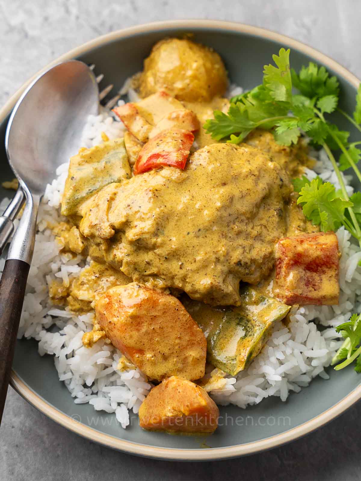 coconut chicken curry served with rice.