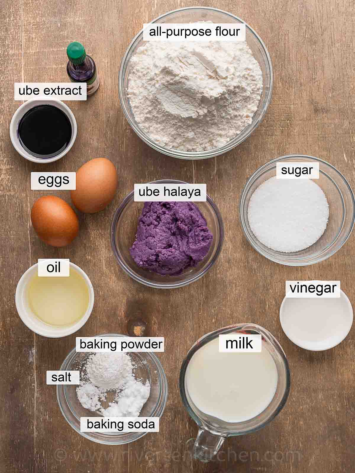 all-purpose flour, eggs, milk, vinegar, baking powder, baking soda, vegetable oil, ube extract, and ube jam.