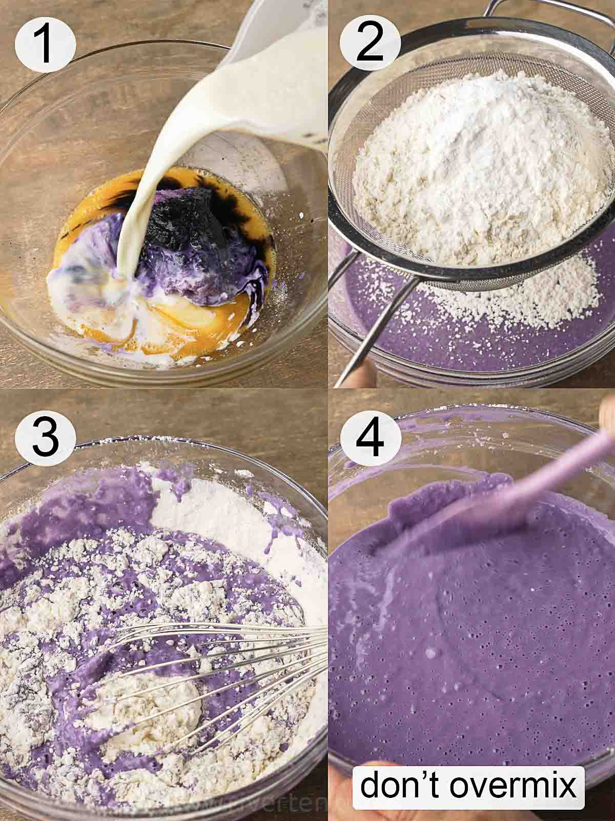 step-by-step process on how to make ube pancakes.