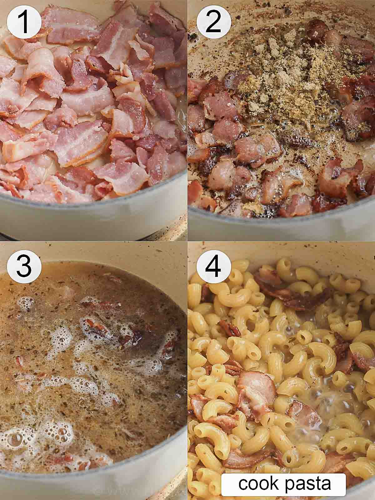 step by step process on how to make bacon mac and cheese.