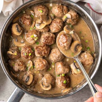 meatballs made with ground pork and ground beef and mushroom gravy made with fresh mushrooms.