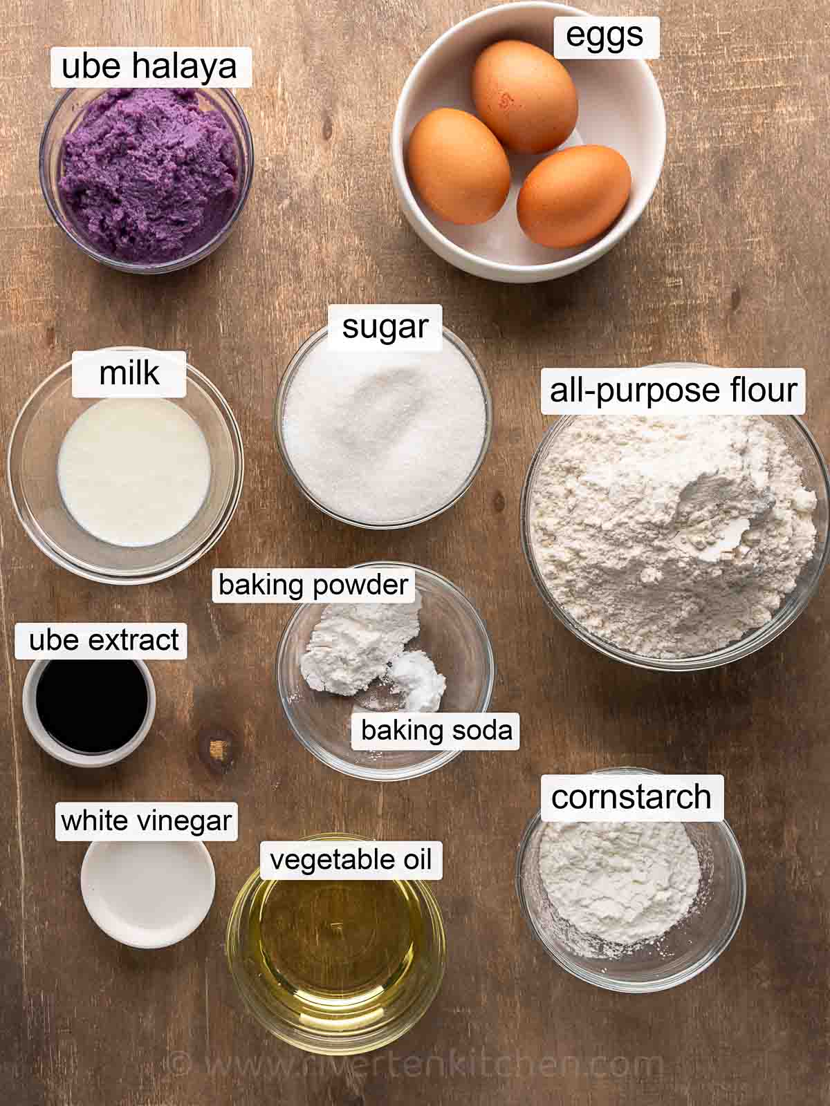 Ube jam, eggs, flour, oil, cornstarch, ube extract, vegetable oil, baking powder, milk, white vinegar, and sugar.
