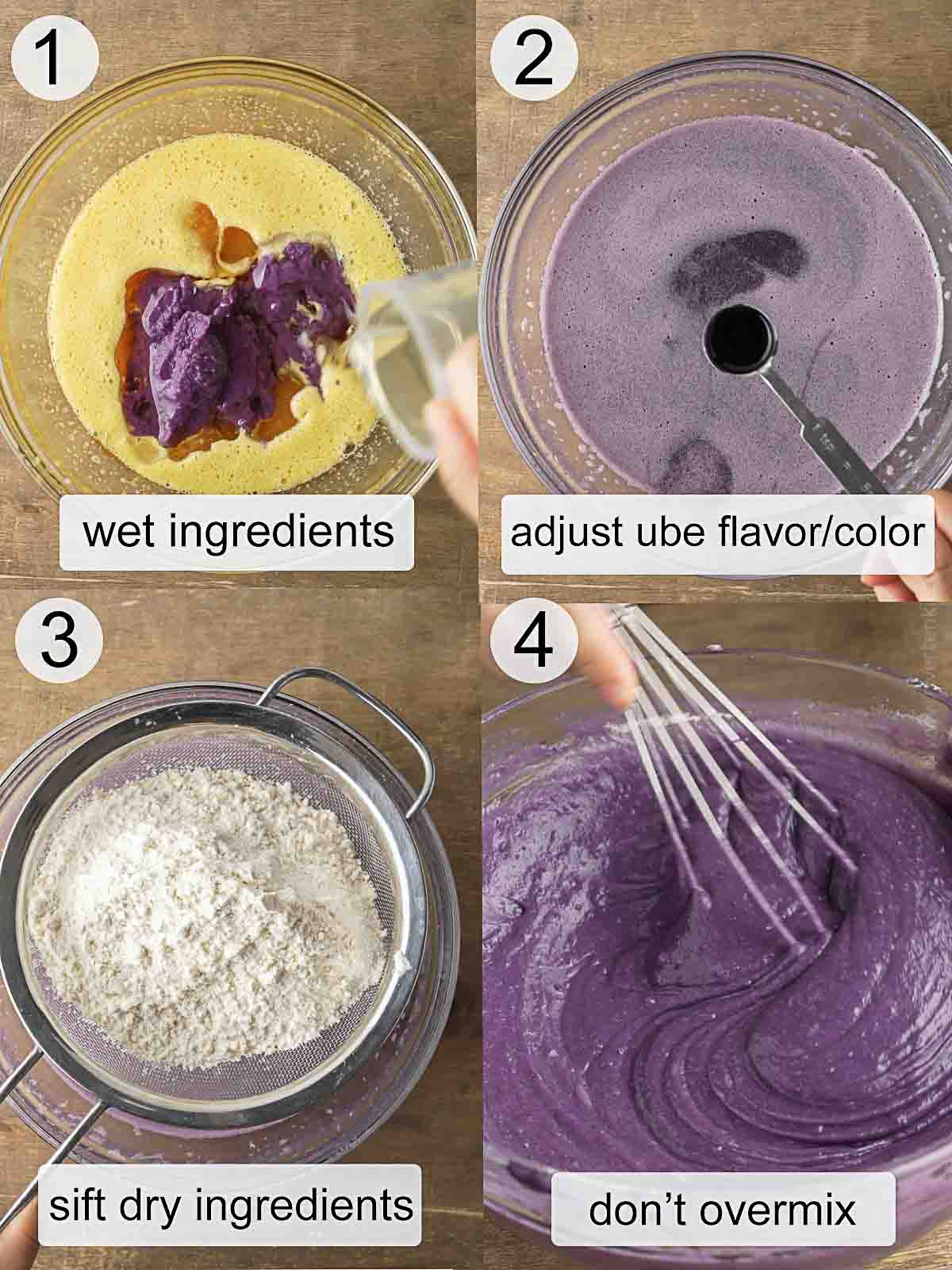 step-by-step process on how to make ube cake mix batter.