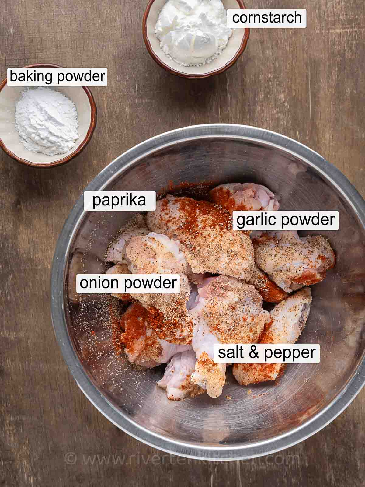 chicken wings, salt, pepper, paprika, baking powder, onion powder, and cornstarch.