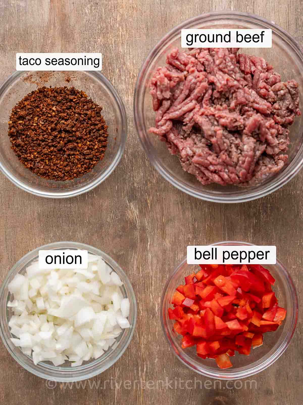 ground beef, onion, red bell pepper and taco seasoning.