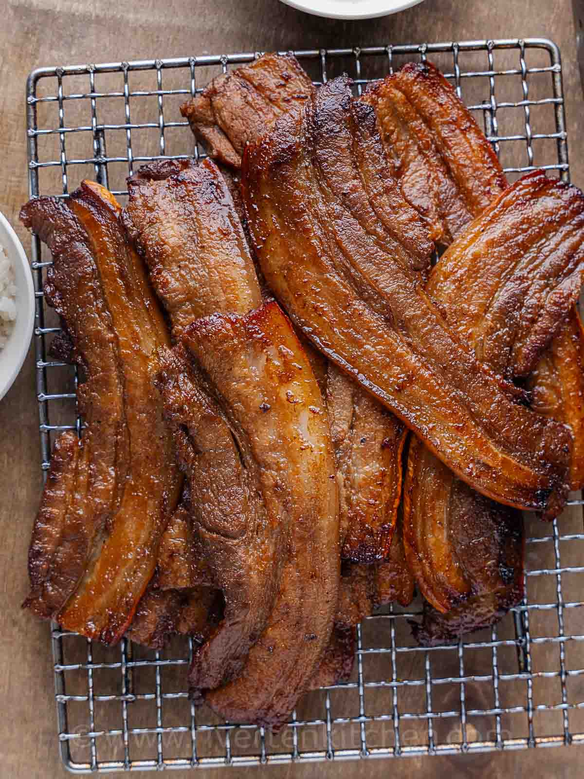 Thin slices of pork belly marinated then grilled or air fried.