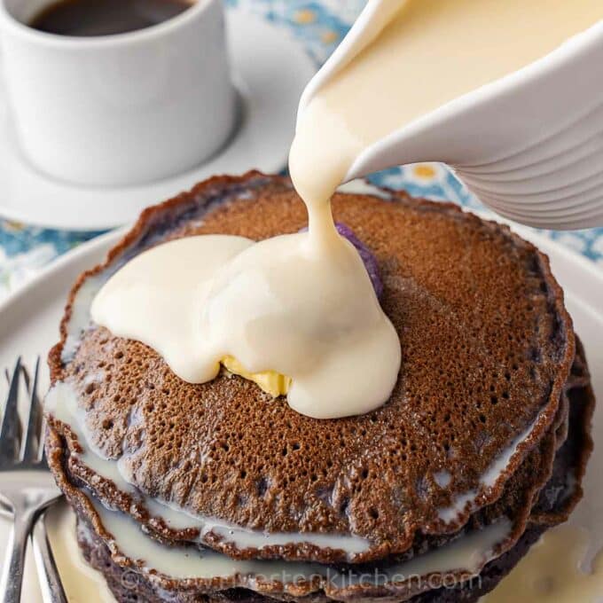 sweet coconut sauce poured over pancakes.