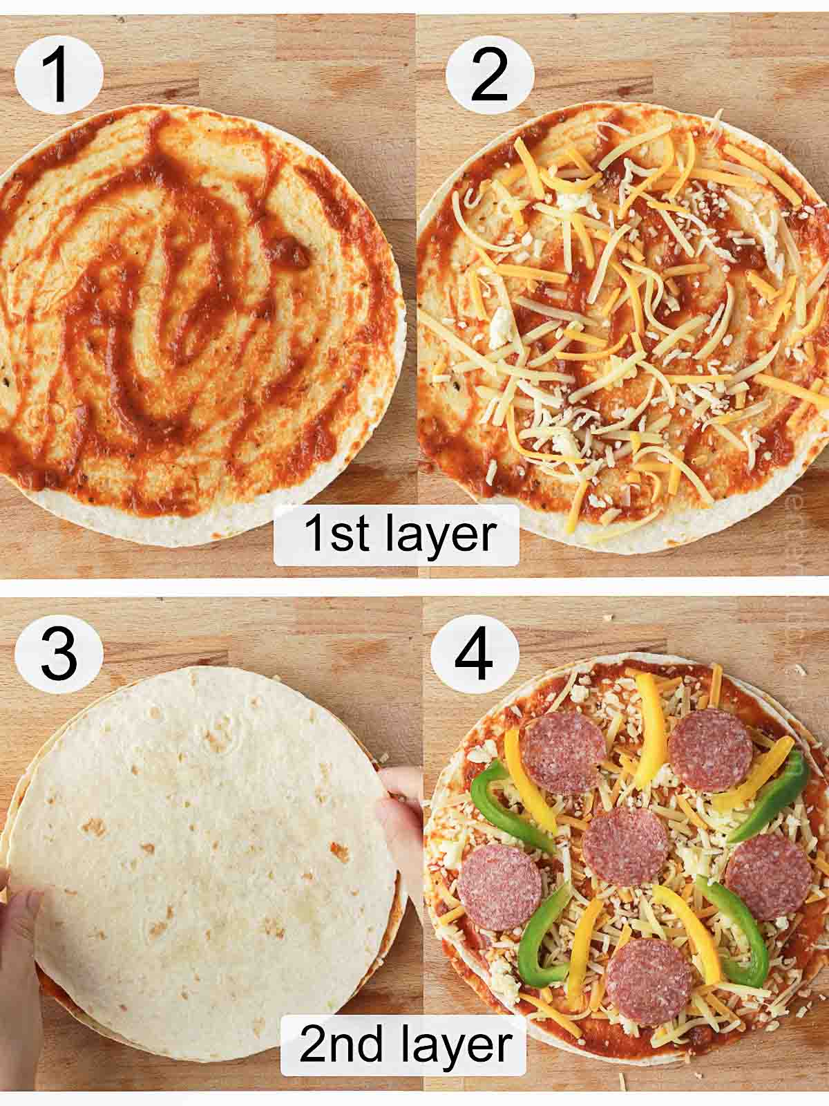step-by-step process on how to prepare layers of tortilla pizza.