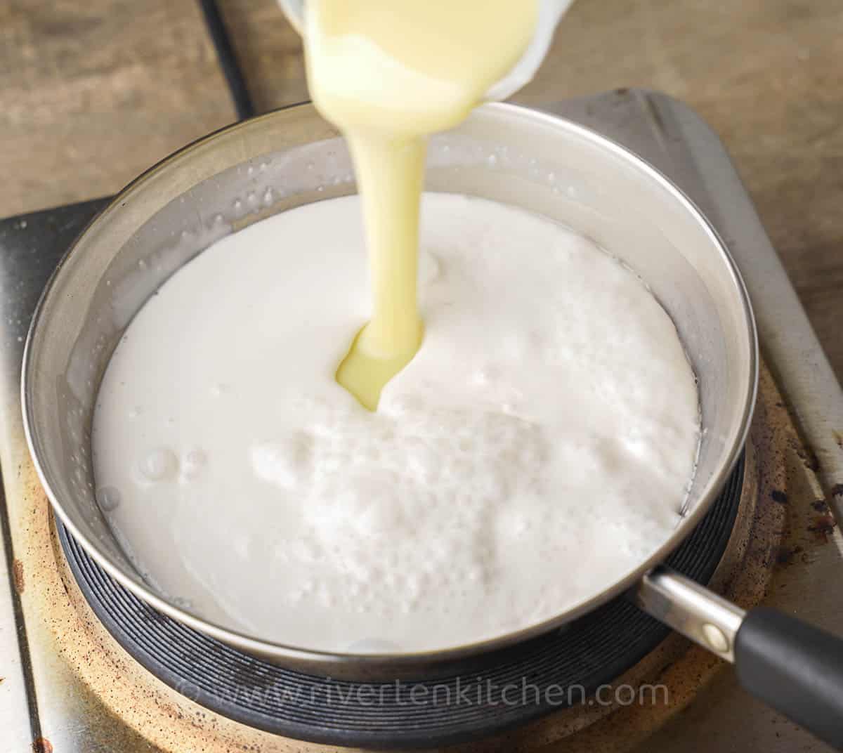sweet sauce for dessert made of coconut milk and condensed milk.