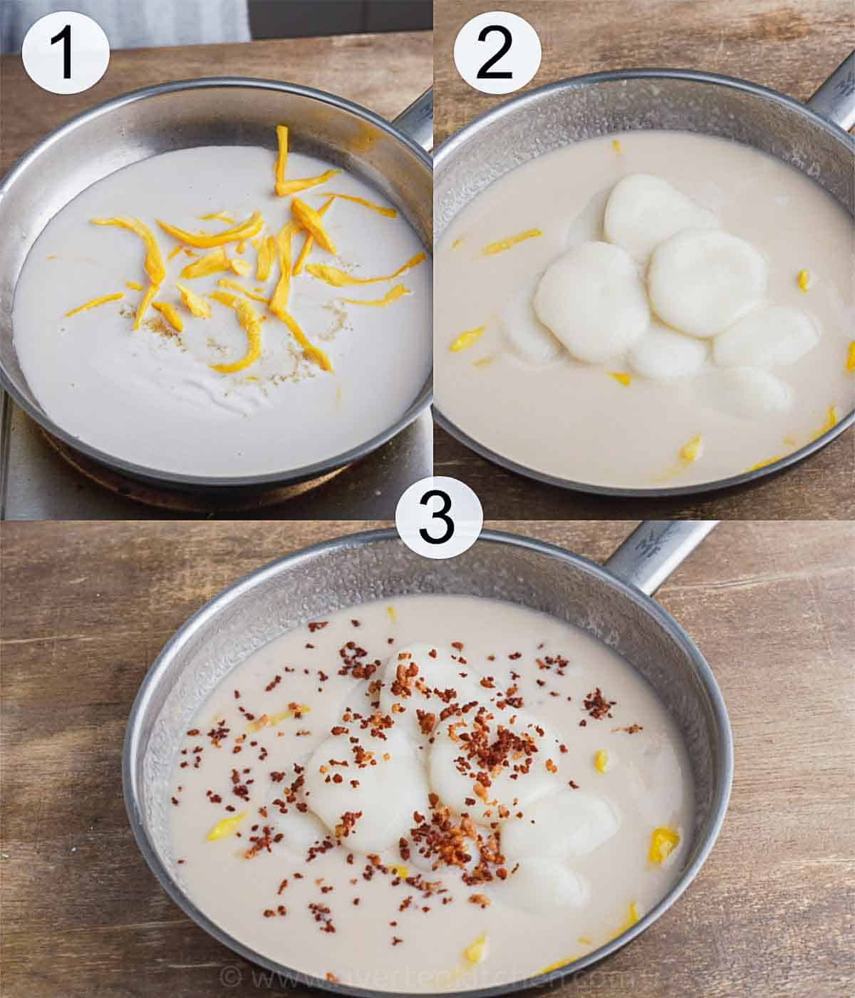 step-by-step process on how to make palitaw sa latik or glutinous rice cake in coconut syrup.